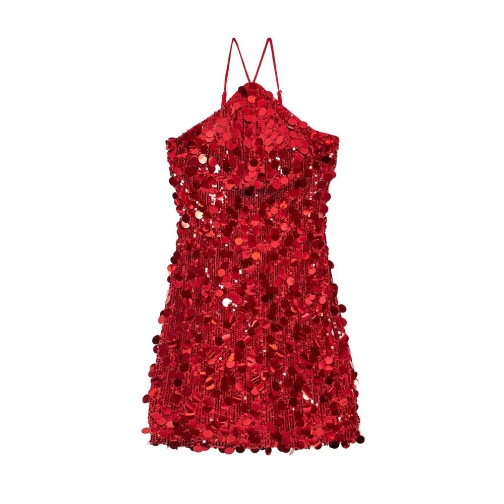 Red Sequin Halter Mini Dress - Cocktail Party/Statement Dress - M